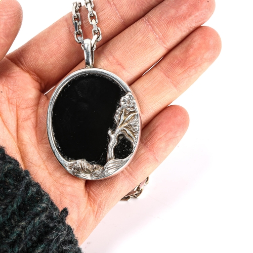 286 - NIELS ERIK FROM - a Vintage Danish stylised sterling silver black onyx tree pendant necklace, on ste... 