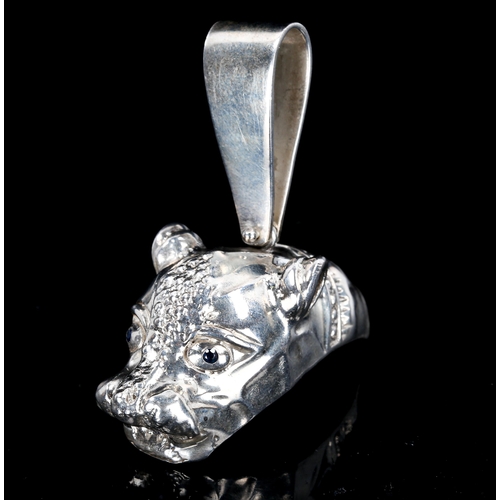 296 - A large modern silver sapphire figural lion-head pendant, overall height 47.5mm, 47.5g