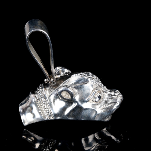 296 - A large modern silver sapphire figural lion-head pendant, overall height 47.5mm, 47.5g