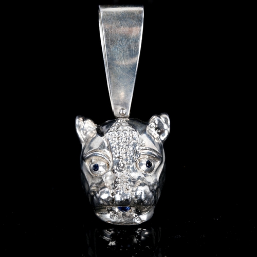 296 - A large modern silver sapphire figural lion-head pendant, overall height 47.5mm, 47.5g