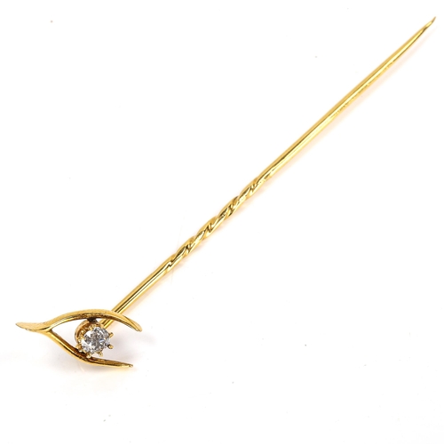 297 - A Victorian unmarked gold diamond wishbone stickpin set with old-cut diamond, head width 13.6mm, 1.6... 