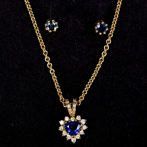 299 - An 18ct gold sapphire and diamond demi-parure, comprising heart cluster pendant necklace and pair of... 