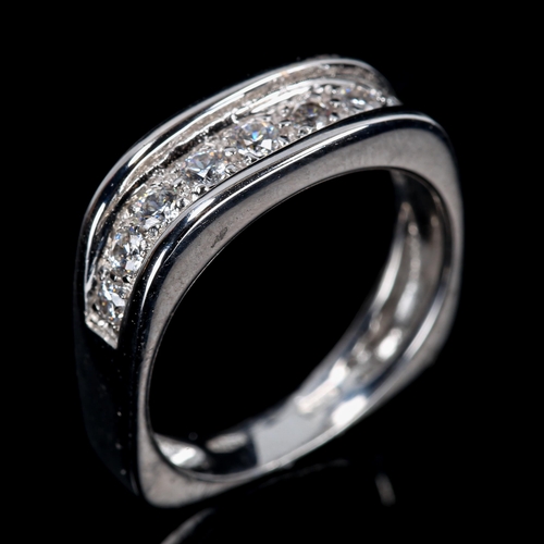 301 - A heavy modern 18ct white gold diamond half eternity ring, square-shaped shank set with modern round... 