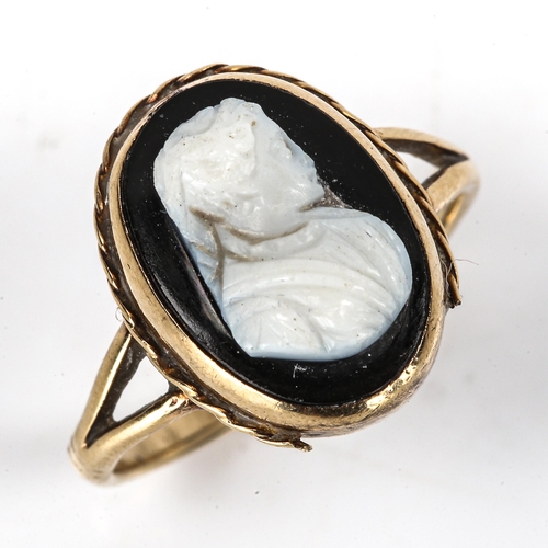 303 - A Vintage 9ct gold relief carved hardstone cameo ring, depicting female portrait, setting height 15.... 