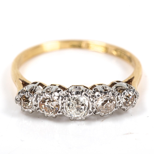 307 - An 18ct gold graduate 5-stone diamond half hoop ring, platinum tops set with old-cut diamonds, total... 