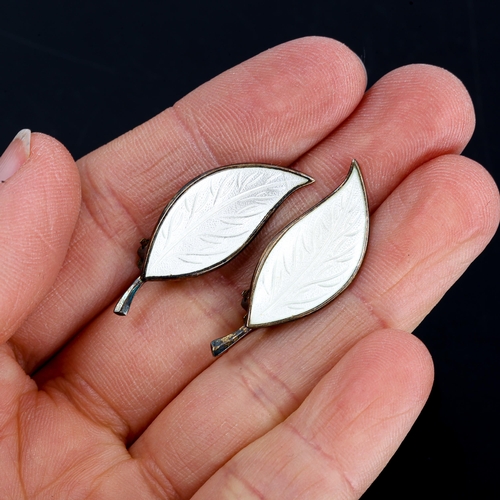 308 - BRDR BJORKLUND - a pair of Vintage Danish vermeil sterling silver and white enamel leaf clip-on earr... 