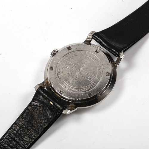 49E - ZENITH - a Vintage stainless steel mechanical wristwatch, silvered dial with quarterly Arabic hour m... 
