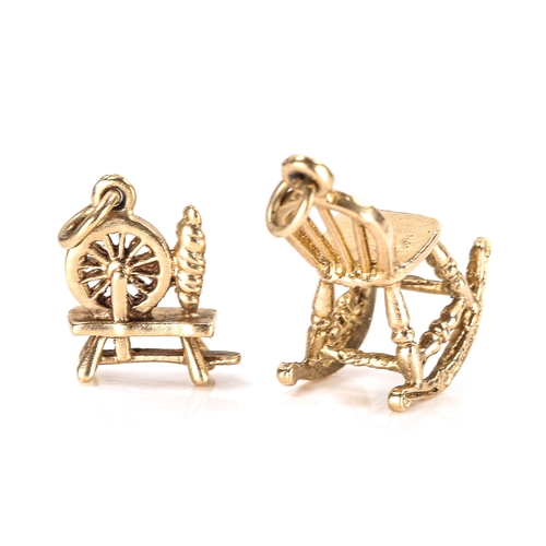 330 - 2 x 9ct gold charms, comprising rocking chair and spinning wheel, chair height 19mm, 3.8g total (2)