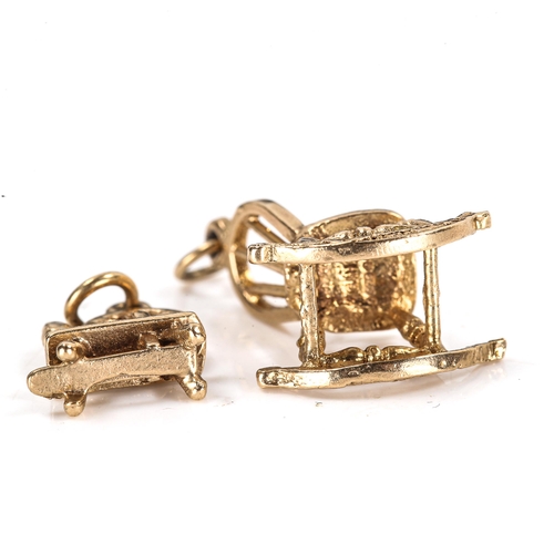 330 - 2 x 9ct gold charms, comprising rocking chair and spinning wheel, chair height 19mm, 3.8g total (2)