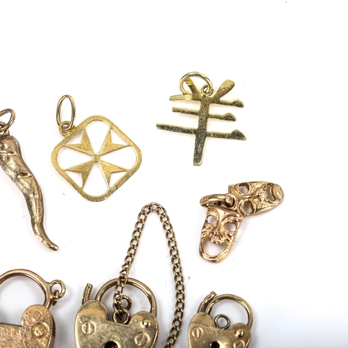 332 - Various 9ct gold charms and pendants, including miniature St Christopher, heart padlocks etc, 9.8g t... 