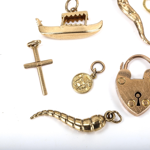 332 - Various 9ct gold charms and pendants, including miniature St Christopher, heart padlocks etc, 9.8g t... 