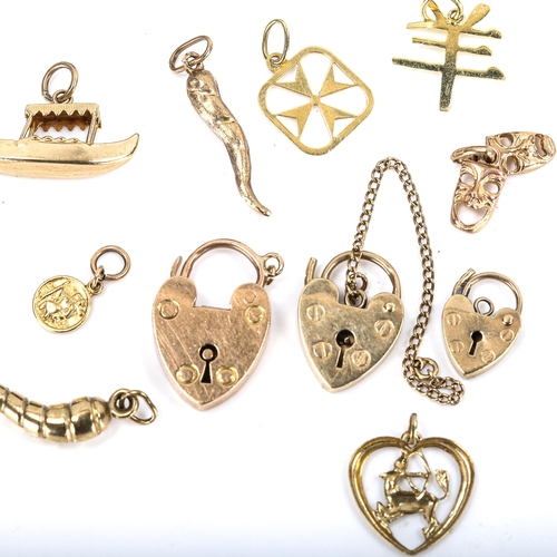 332 - Various 9ct gold charms and pendants, including miniature St Christopher, heart padlocks etc, 9.8g t... 