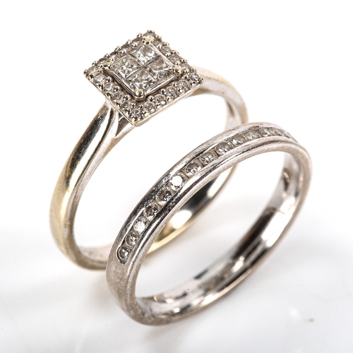 344 - An 18ct white gold diamond bridal engagement set, comprising diamond halo cluster and half eternity ... 