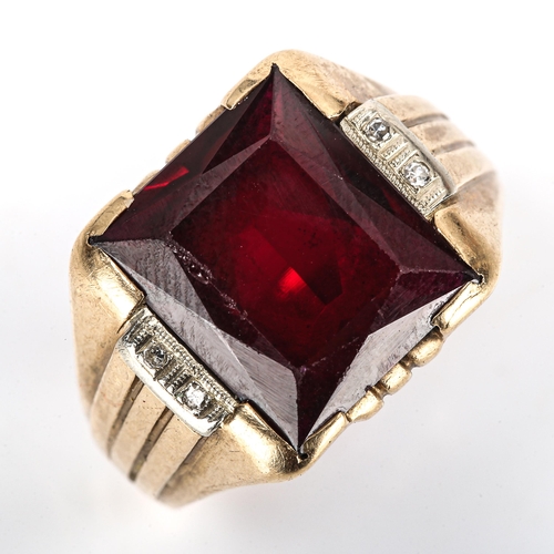 347 - A large American 9ct gold rubellite and diamond signet ring, setting height 15.6mm, size S, 11.4g