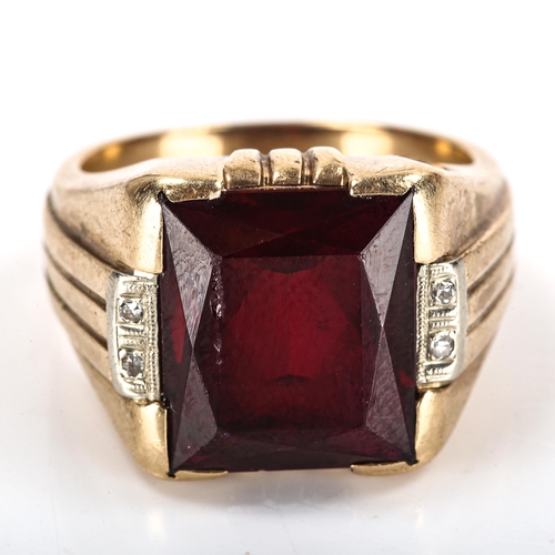 347 - A large American 9ct gold rubellite and diamond signet ring, setting height 15.6mm, size S, 11.4g