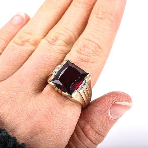 347 - A large American 9ct gold rubellite and diamond signet ring, setting height 15.6mm, size S, 11.4g