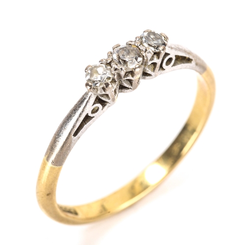 358 - An 18ct gold 3-stone diamond ring set with single-cut diamonds, total diamond content approx 0.15ct,... 