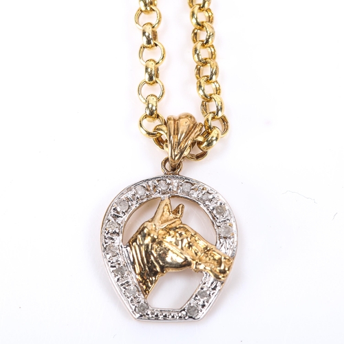 361 - A modern 9ct gold diamond figural horse pendant necklace, on 9ct belcher link chain, pendant height ... 