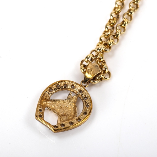 361 - A modern 9ct gold diamond figural horse pendant necklace, on 9ct belcher link chain, pendant height ... 