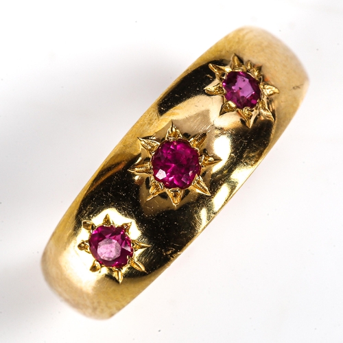 362 - An early 20th century 18ct gold 3-stone ruby gypsy ring, hallmarks London 1918, setting height 6.9mm... 