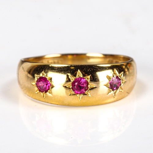 362 - An early 20th century 18ct gold 3-stone ruby gypsy ring, hallmarks London 1918, setting height 6.9mm... 