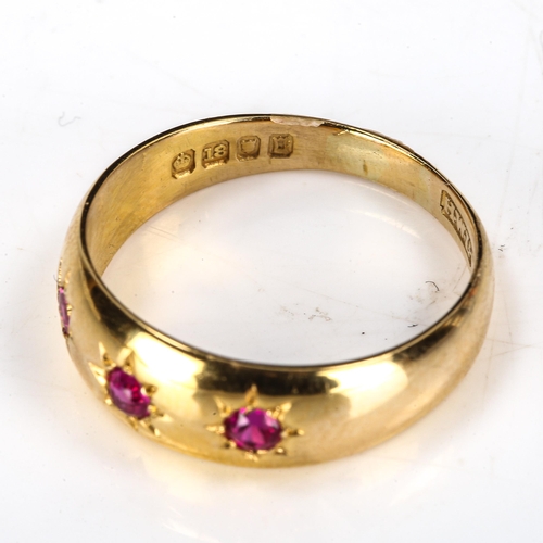 362 - An early 20th century 18ct gold 3-stone ruby gypsy ring, hallmarks London 1918, setting height 6.9mm... 