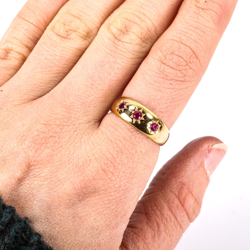 362 - An early 20th century 18ct gold 3-stone ruby gypsy ring, hallmarks London 1918, setting height 6.9mm... 