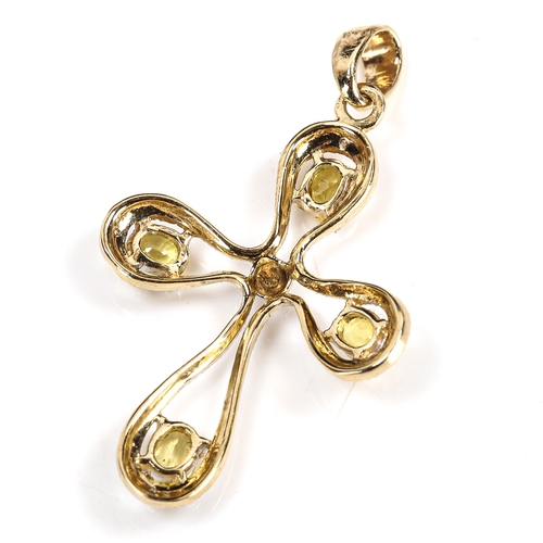 364 - A modern 9ct gold yellow sapphire and diamond stylised cross pendant, overall height 34mm, 1.8g