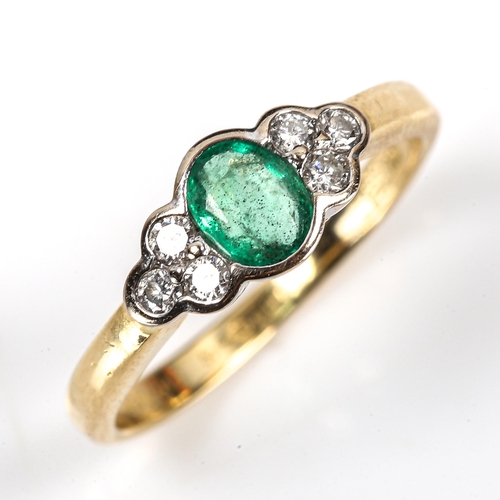 366 - A modern 18ct gold emerald and diamond dress ring, set with oval mixed-cut emerald and modern round ... 