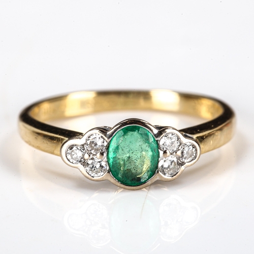 366 - A modern 18ct gold emerald and diamond dress ring, set with oval mixed-cut emerald and modern round ... 