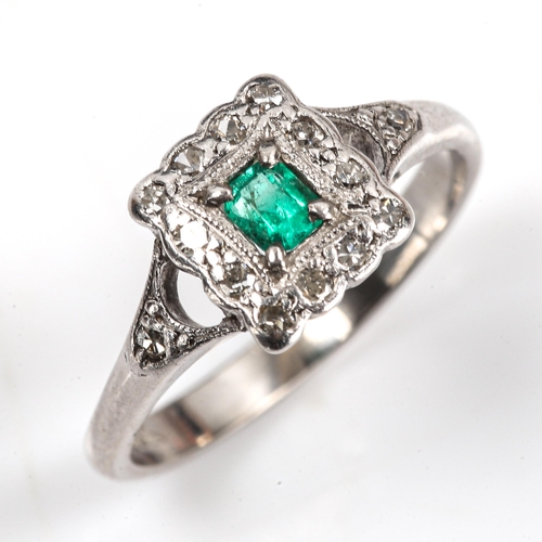 367 - An Art Deco style 18ct white gold emerald and diamond square cluster ring, set with emerald-cut emer... 