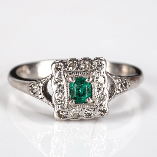 367 - An Art Deco style 18ct white gold emerald and diamond square cluster ring, set with emerald-cut emer... 