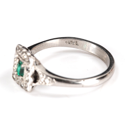 367 - An Art Deco style 18ct white gold emerald and diamond square cluster ring, set with emerald-cut emer... 