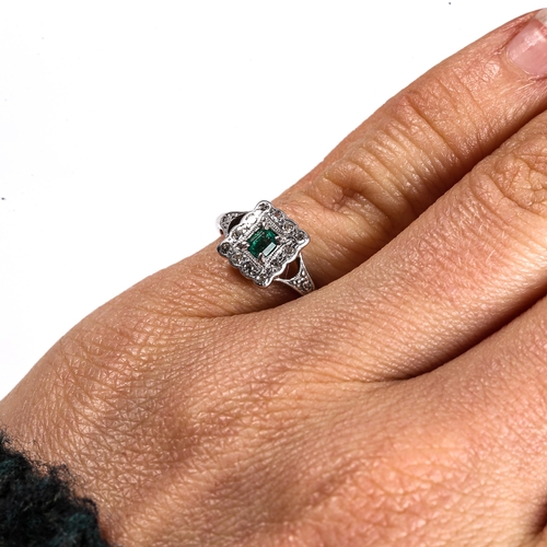 367 - An Art Deco style 18ct white gold emerald and diamond square cluster ring, set with emerald-cut emer... 