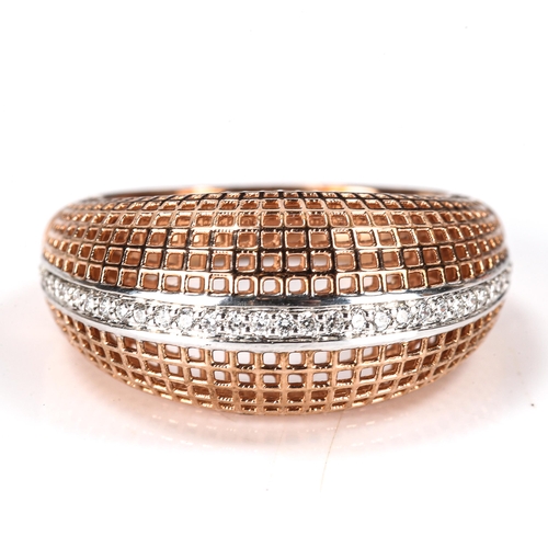 370 - A modern 9ct rose gold diamond bombe ring, openwork lattice decoration set with modern round brillia... 