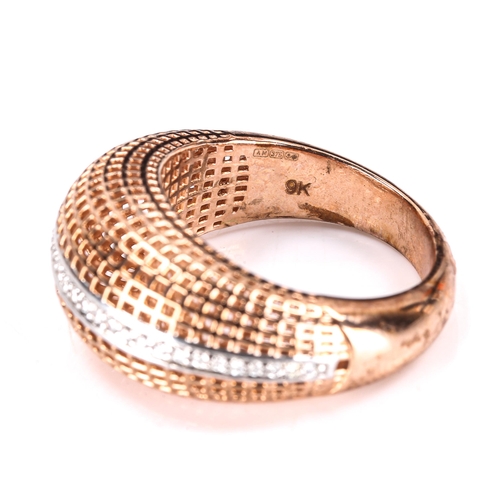 370 - A modern 9ct rose gold diamond bombe ring, openwork lattice decoration set with modern round brillia... 