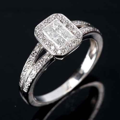 376 - A modern 18ct white gold diamond rectangular cluster ring, set with Princess and round brilliant-cut... 