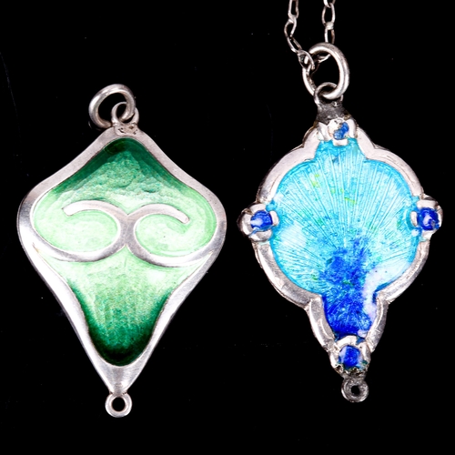 381 - 2 Art Nouveau unmarked silver and enamel pendants, largest height excluding bale 31.1mm, 5.1g total ... 