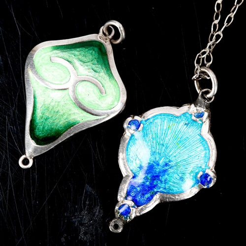 381 - 2 Art Nouveau unmarked silver and enamel pendants, largest height excluding bale 31.1mm, 5.1g total ... 