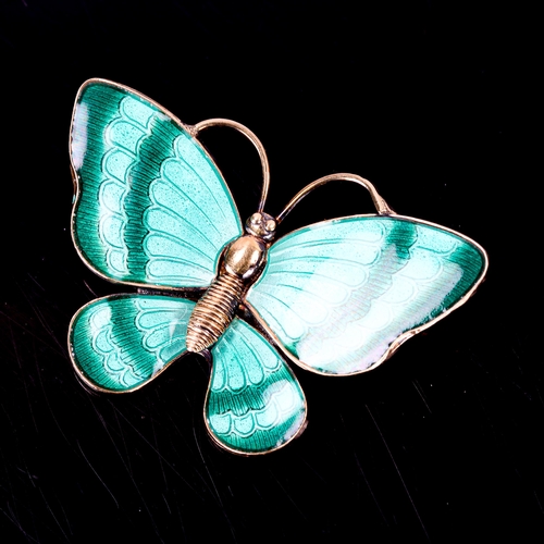 385 - VOLMER BAHNER - a Vintage Danish vermeil sterling silver and green enamel figural butterfly brooch, ... 