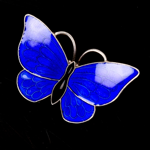 386 - VOLMER BAHNER- a Vintage Danish sterling silver blue and black enamel figural butterfly brooch, wing... 