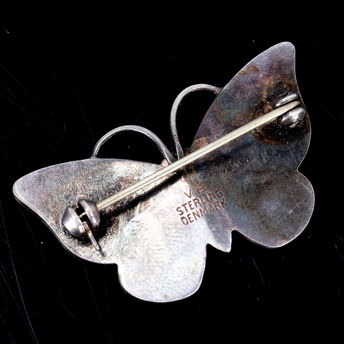 386 - VOLMER BAHNER- a Vintage Danish sterling silver blue and black enamel figural butterfly brooch, wing... 