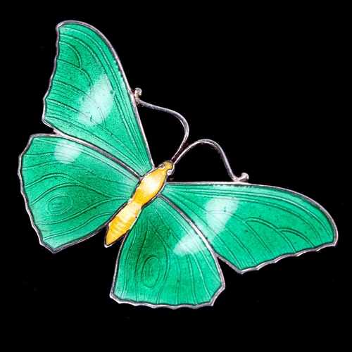 387 - An Art Nouveau sterling silver green and yellow enamel figural butterfly brooch, wingspan 37.6mm, 4.... 