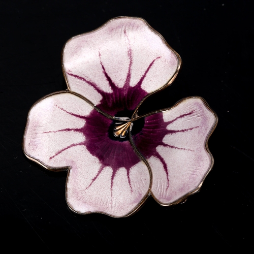 389 - DAVID ANDERSEN - a Vintage Norwegian vermeil sterling silver and purple enamel pansy brooch, length ... 