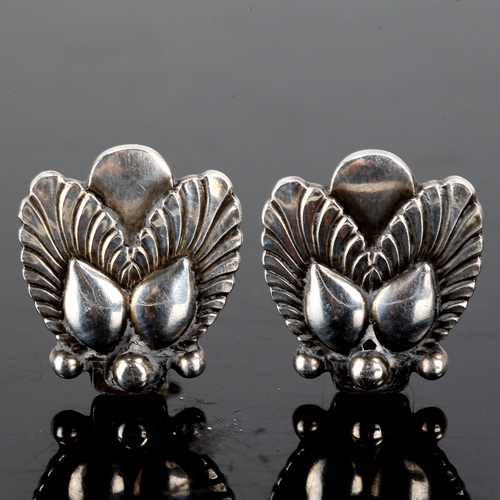 401 - GEORG JENSEN - a pair of Vintage Danish sterling silver fern clip-on earrings, designed by Gundolph ... 