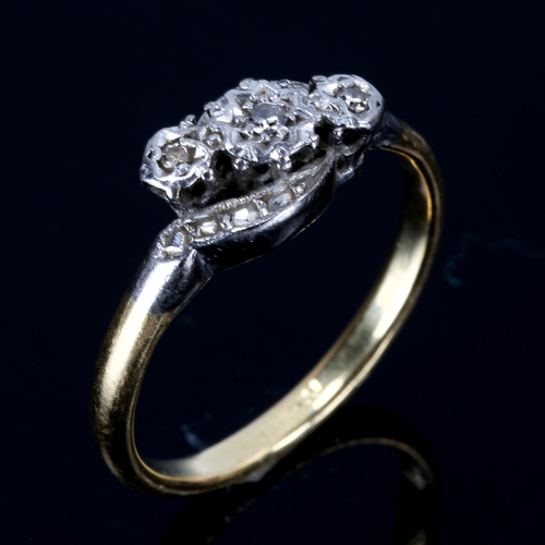 404 - An 18ct gold 3-stone diamond crossover ring, platinum topped set with single-cut diamonds, setting h... 