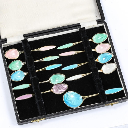 408 - FRIGAST - a set of Danish vermeil sterling silver and harlequin enamel spoons, comprising 9 x coffee... 