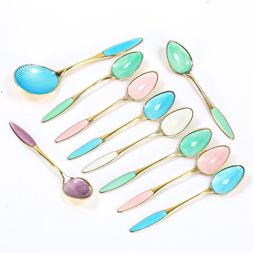 408 - FRIGAST - a set of Danish vermeil sterling silver and harlequin enamel spoons, comprising 9 x coffee... 