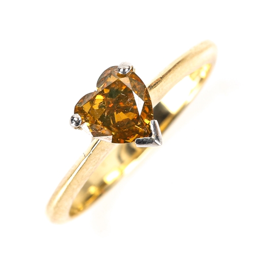 410 - A 1.01ct fancy dark greenish orange heart-cut solitaire diamond ring, 18ct gold and platinum setting... 