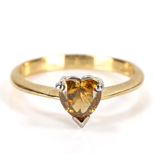 410 - A 1.01ct fancy dark greenish orange heart-cut solitaire diamond ring, 18ct gold and platinum setting... 